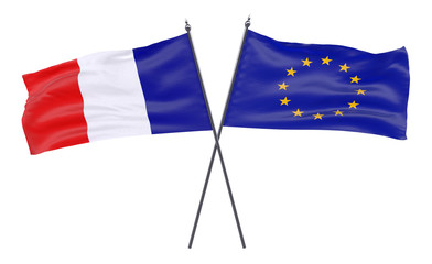 France and European Union, two crossed flags isolated on white background. 3d image