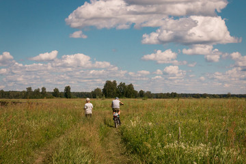 Children walk in a field of green grass. Bright blue sky with white clouds. Boys travel on a bright summer day. Landscape.