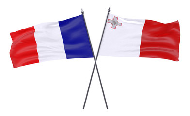 France and Malta, two crossed flags isolated on white background. 3d image