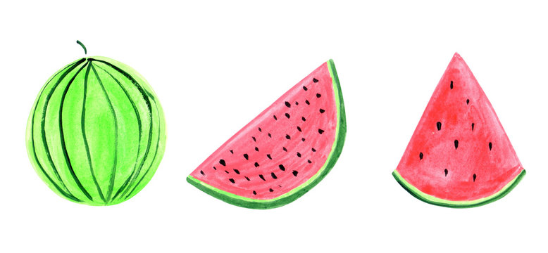 Watercolor illustration of watermelon with pieces isolated on white background