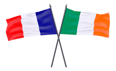France and Ireland, two crossed flags isolated on white background. 3d image