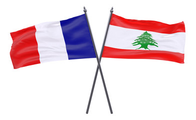 France and Lebanon, two crossed flags isolated on white background. 3d image