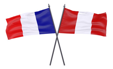 France and Peru, two crossed flags isolated on white background. 3d image