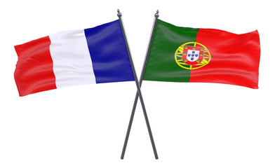 France and Portugal, two crossed flags isolated on white background. 3d image