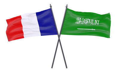 France and Saudi Arabia, two crossed flags isolated on white background. 3d image