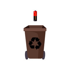 Brown trashcan and battery. Refuse container with recycling sign and wheels. Garbage concept. Vector illustration can be used for topics like waste sorting, environment, garbage