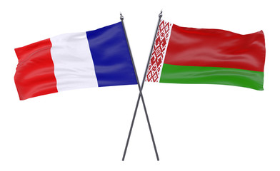France and Belarus, two crossed flags isolated on white background. 3d image