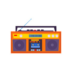 Cassette tape recorder. Vintage device with radio receiver, antenna, handle and stereo speakers. Vector illustration can be used for topics like broadcasting, music listening, old equipment