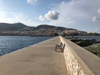 The long dock at Ermoupolis port in Syros island, Greece.