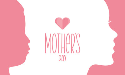 Happy Mother’s day. Poster with handwritten lettering and heart. Silhouette of a women and child face. International holiday. Ink brush calligraphy. Poster, card, banner, design element. Vector illust