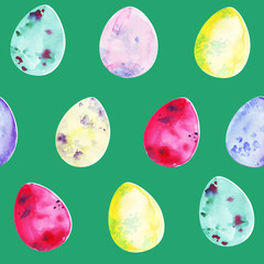 Mint green seamless pattern with hand drawn watercolor Easter eggs decorated with abstract splatters resembling moon surface