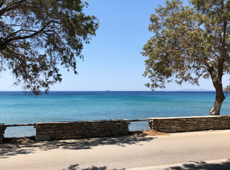 Turqioise sea with trees near a tarmac road in Tinos island, Greece.