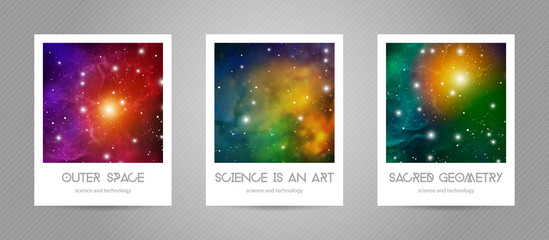 Scientific postcards with copy space. Hipster geometry shapes with space texture. Vector design for music albums, posters, flyers, mobile applications or corporate identity.
