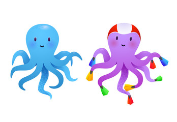 Cartoon octopuses set. Blue and violet octopus wearing colorful flippers and swimming cap. Seaside concept Realistic vector illustration can be used for vacation, sea, sea life