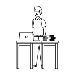 Fototapeta premium young teacher in desk with laptop and books