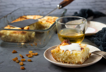 Cottage cheese casserole with raisins for breakfast.