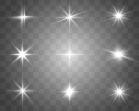 A set of bright beautiful stars. Light effect. Bright Star. Beautiful light for illustration. Christmas star.White sparkles shine special light effect. Vector sparkles on a transparent background.