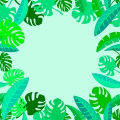 frame of different tropical leaves on a light background