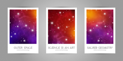 Scientific 4x6 postcards with copy space. Hipster geometry shapes with space texture. Vector design for music albums, posters, flyers, mobile applications or corporate identity.