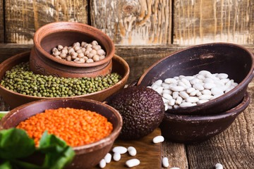 Variety of beans and legumes, healthy plant based vegan food