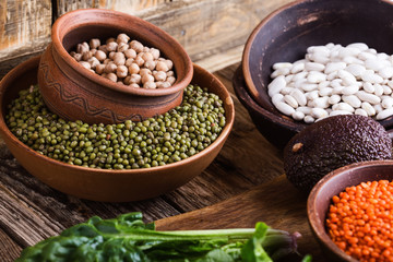 Variety of beans and legumes, healthy plant based vegan food