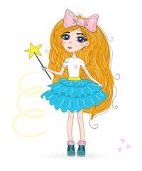 Hand drawn cute fashion cartoon girl. Vector illustration.