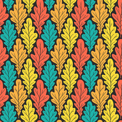 Stylized colorful silhouette oak leaves seamless pattern. Nature universal textures. Hand drawn decorative floral ornamental background. Vector illustration