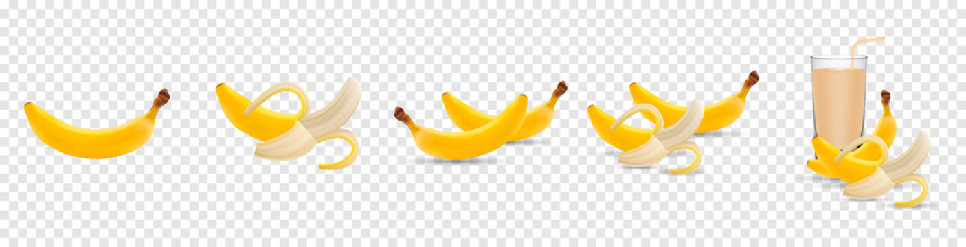 Set of 3d vector realistic illustration bananas. Banana, half peeled banana, banana juice isolated on transparent background, banana icon, eps 10