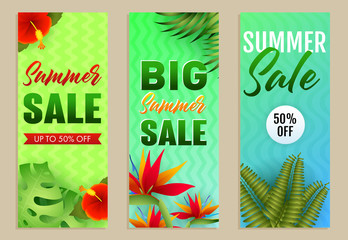 Big Summer Sale letterings set, tropical leaves and flowers. Tourism, summer offer or shopping design. Handwritten and typed text, calligraphy. For brochures, invitations, posters or banners.