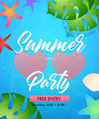 Summer Party lettering with heart shaped glasses. Tourism, summer or invitation design. Handwritten and typed text, calligraphy. For leaflets, brochures, invitations, posters or banners.