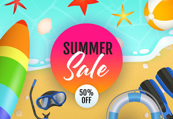 Summer Sale lettering, surfboard, lifebuoy and beach ball. Tourism, summer offer or shopping design. Handwritten and typed text, calligraphy. For brochures, invitations, posters or banners.