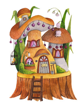 Mushroom house with grass, flowers, butterfly, birdcage  and shovel. Watercolor and colored pencil illustration.