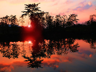 The image of Dhamma in the evening is seen as a reflection of the water, making it a twin image.