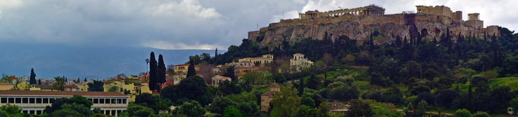 Fototapeta na wymiar Athens, Greece panorama with Acropolis ancient Agora and Stoa of Attalos. Panoramic view.