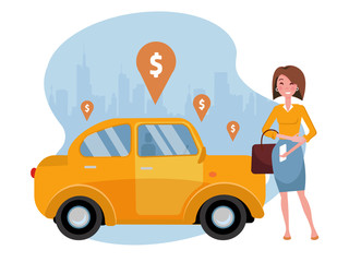 Young woman requesting ride on cell phone. Rent a car using mobile app. Online carshering concept. Yellow car on background of silhouette of city and geolocation sign.Vector flat cartoon illustration