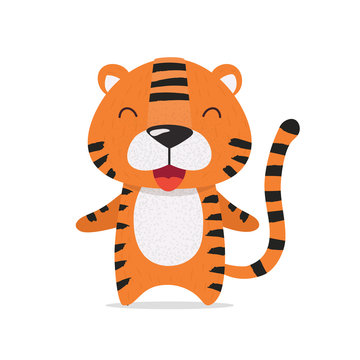 Cute red striped little tiger smiles and hugs. The tiger cub is happy. Flat hand drawn illustration kid's poster. Lazy cartoon animal character set. Child theme.