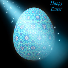 Happy Easter – Frohe Ostern, Artfully designed, abstract and colorful easter egg, 3D illustration on background with bokeh and light leaks