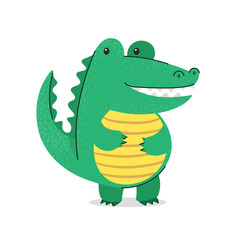 Cute green crocodile with yellow belly smiles. Flat hand drawn illustration poster. Cartoon animal character set. For baby t-shirt print, kids wear, baby celebration greeting card.