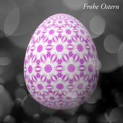 Happy Easter – Frohe Ostern, Artfully designed, abstract and colorful easter egg, 3D illustration on background with bokeh and light leaks