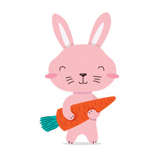 Cute pink Bunny smiling and holding in the paws a carrot. Little vegetable lover, vegetarian rabbit. Flat hand drawn illustration kid's poster. Cartoon animal character set. Child theme.