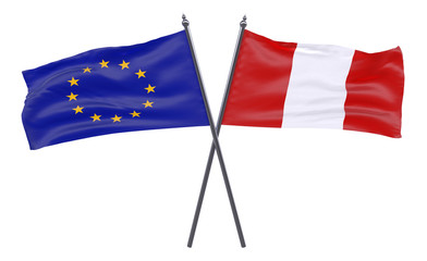 European Union and Peru, two crossed flags isolated on white background. 3d image