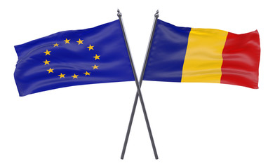 European Union and Romania, two crossed flags isolated on white background. 3d image