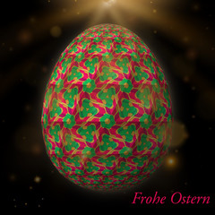 Happy Easter – Frohe Ostern, Artfully designed, abstract and colorful easter egg, 3D illustration on background with bokeh and light leaks