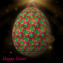 Happy Easter – Frohe Ostern, Artfully designed, abstract and colorful easter egg, 3D illustration on background with bokeh and light leaks