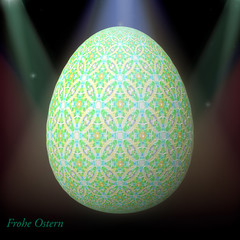 Happy Easter – Frohe Ostern, Artfully designed, abstract and colorful easter egg, 3D illustration on background with bokeh and light leaks