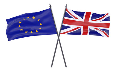 European Union and United Kingdom, two crossed flags isolated on white background. 3d image