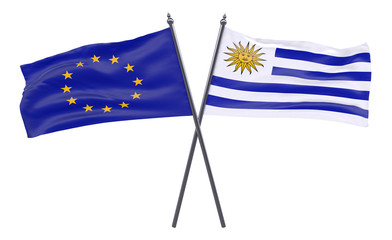Fototapeta premium European Union and Uruguay, two crossed flags isolated on white background. 3d image