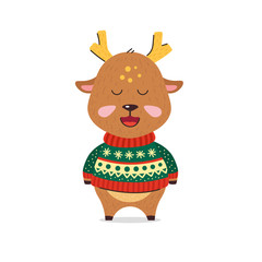 Cute little deer smiles. Deer in Christmas sweater with patterns. Red-green warm sweater. Happy New Year. Santa's Helper. Flat hand drawn illustration kid's poster. Cartoon animal character set.