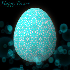 Happy Easter – Frohe Ostern, Artfully designed, abstract and colorful easter egg, 3D illustration on background with bokeh and light leaks