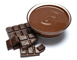 glass bowl of chocolate cream or melted chocolate isolated on white